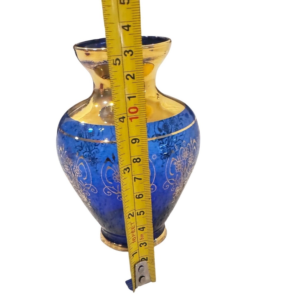 Vintage Cobalt Blue‎ Glass Vase with Gold Encrusted Floral Filigree 5.25in - Picture 2 of 10